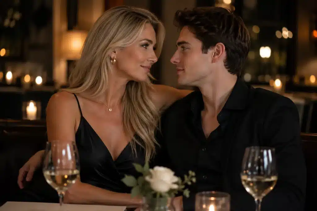 A beautiful older woman and a handsome younger man looking into each other's eyes during a romantic dinner, illustrating the appeal of age-gap relationships.