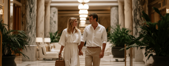 A happy couple in white and beige summer outfits walking hand-in-hand through a luxury hotel lobby, representing companionship and shared travel experiences.