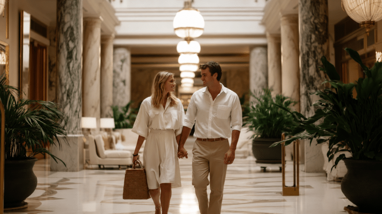 A happy couple in white and beige summer outfits walking hand-in-hand through a luxury hotel lobby, representing companionship and shared travel experiences.