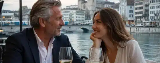 An elegant mature man and a beautiful younger woman holding a direct, intense eye-to-eye gaze during a romantic outdoor dinner by a river in a European city at dusk.